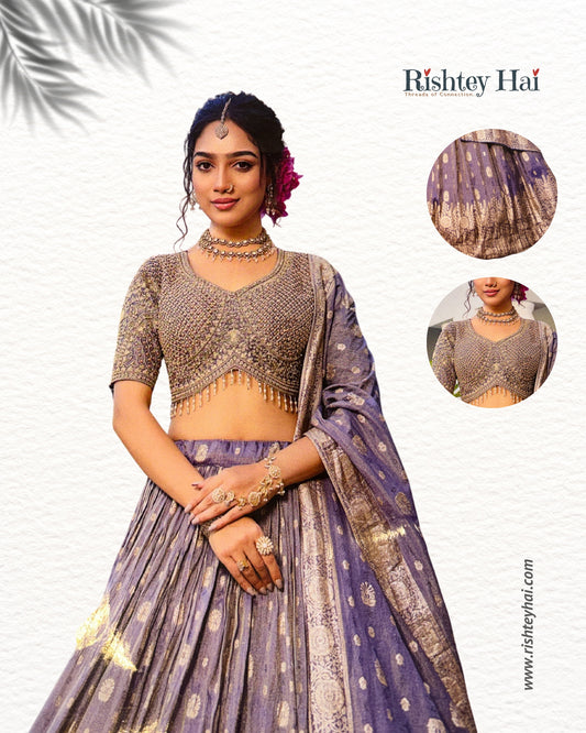 Lavender Grey Banarasi Embroidered Lehenga Set