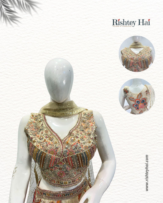 Off-White/Cream Sleeveless Lehenga Set