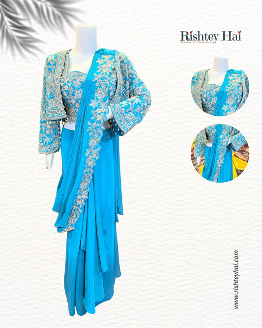 Aqua Blue Embroidered Lehenga Saree Set with Jacket