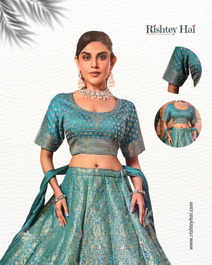 Teal Green Banarasi Woven Lehenga Set