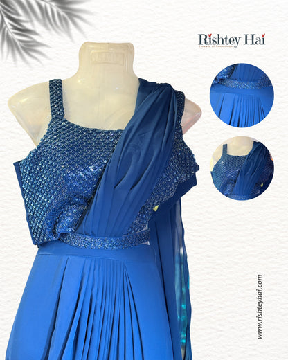 Royal Blue Sequin Draped Saree Gown Set