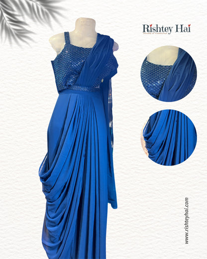 Royal Blue Sequin Draped Saree Gown Set