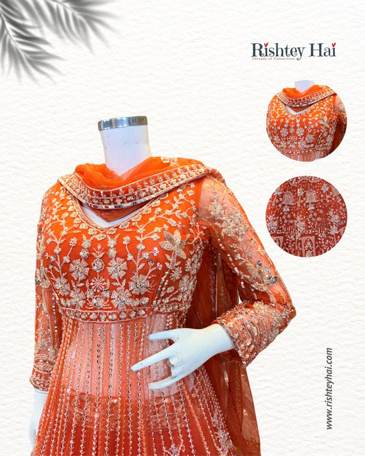 Rust Orange Heavy Embroidered Anarkali Suit Set