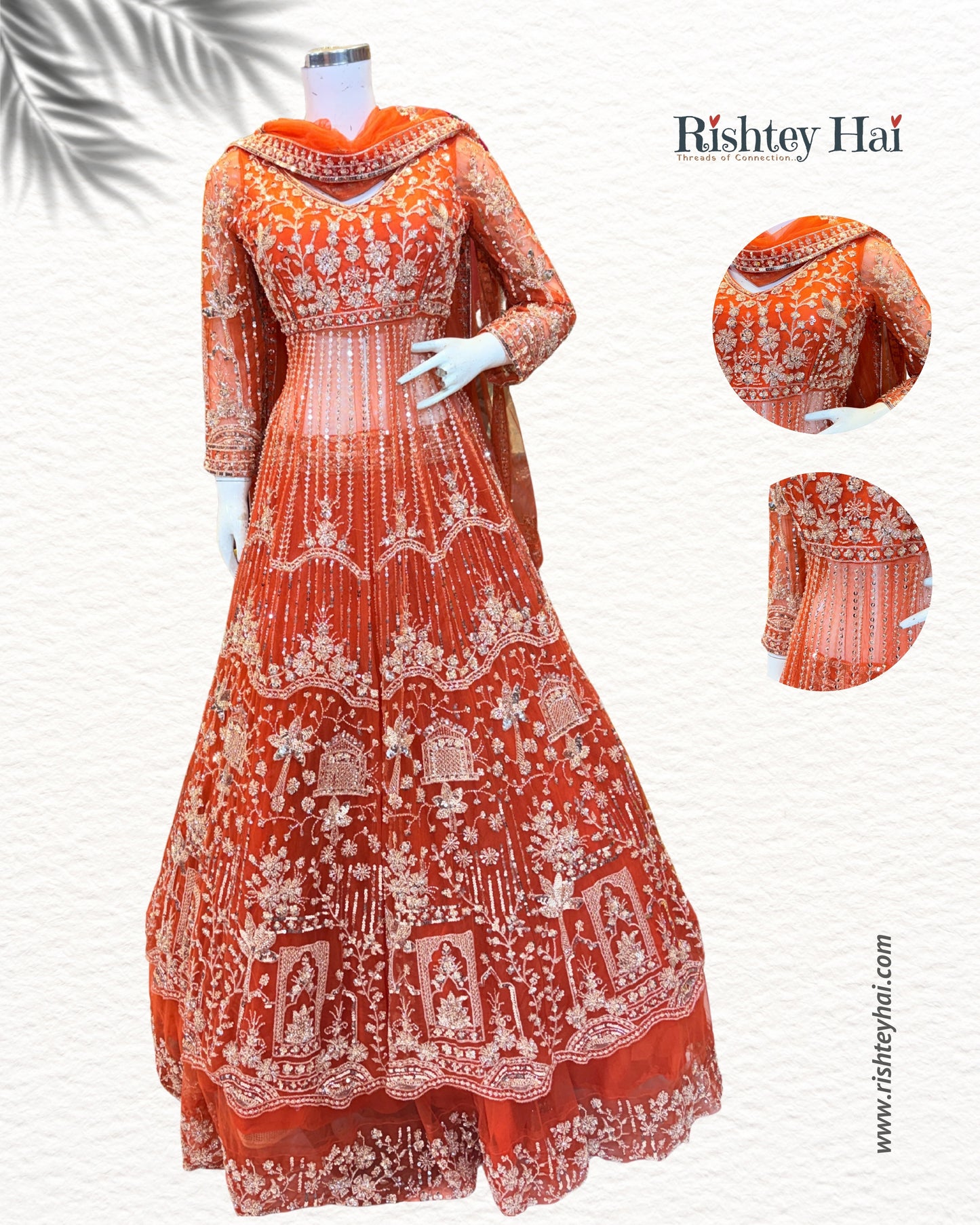 Rust Orange Heavy Embroidered Anarkali Suit Set