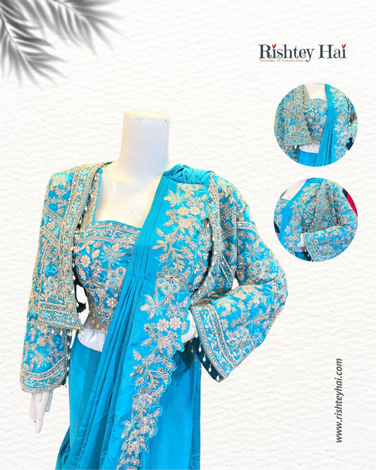 Aqua Blue Embroidered Lehenga Saree Set with Jacket